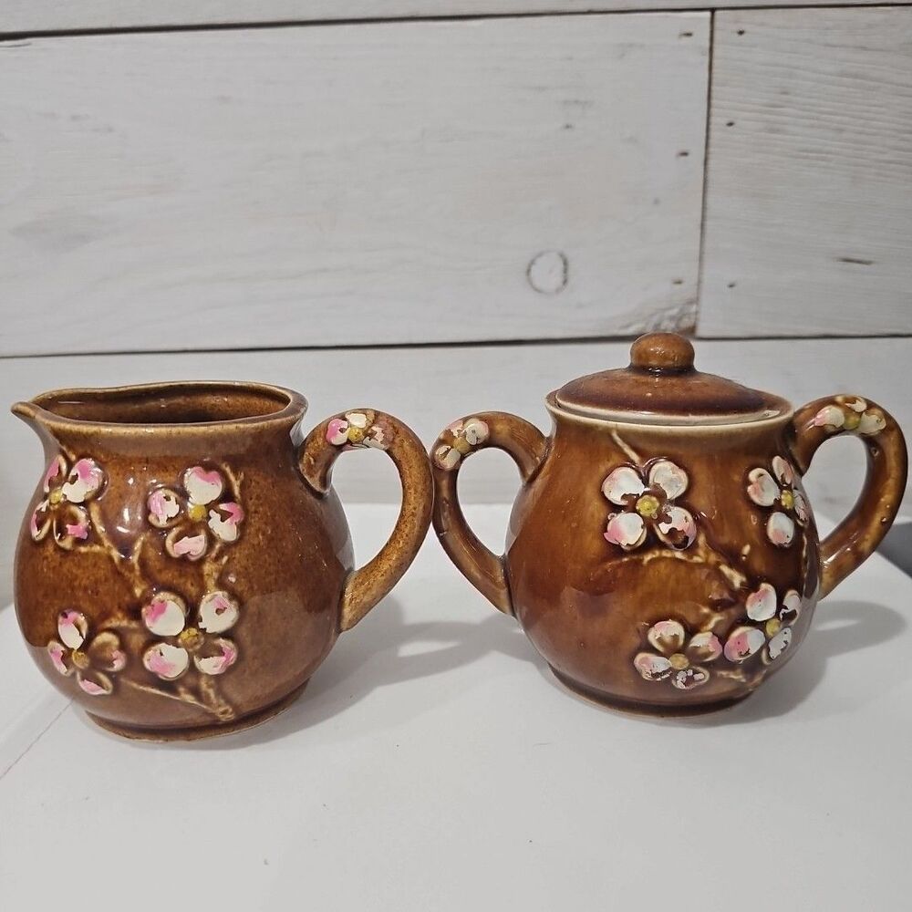 Vintage Japanese Creamer & Lidded Sugar Bowl Set Brown Glaze Pink White